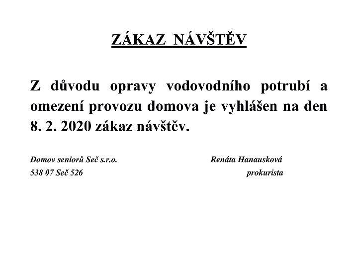 Zákaz návštěv dne 8.2.2020