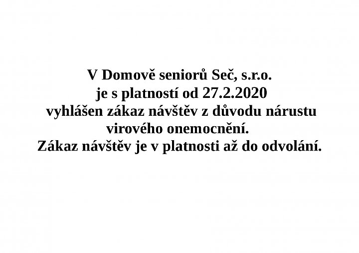 ZÁKAZ NÁVŠTĚV OD 27.2.2020 DO ODVOLÁNÍ